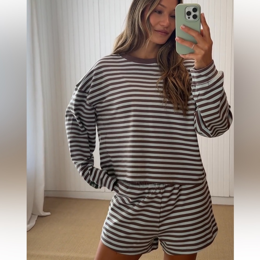 Daily Drills Warmest Wishes striped cotton long sleeve shirt mocha lake day XS/S